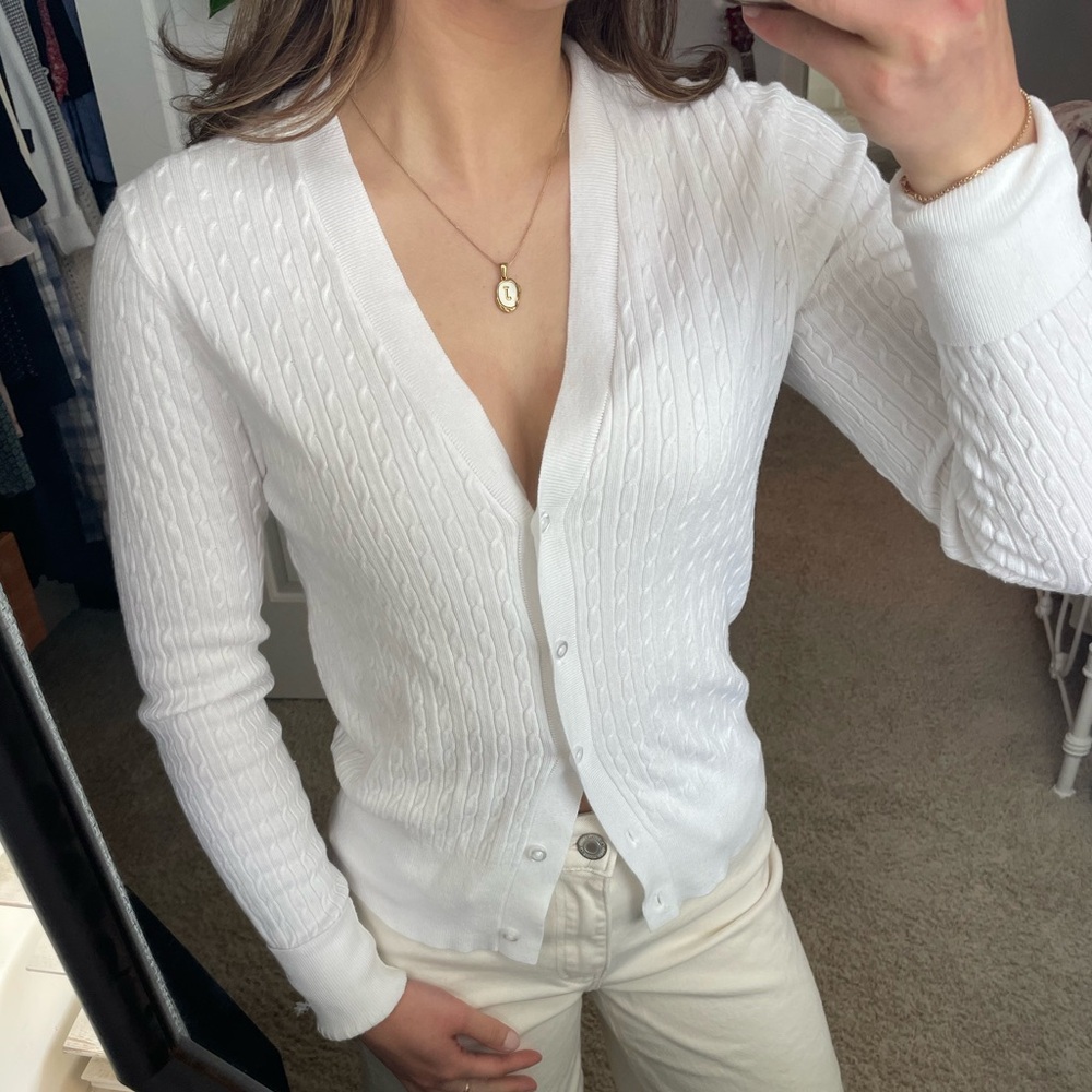 White Cableknit Button Down Cardigan